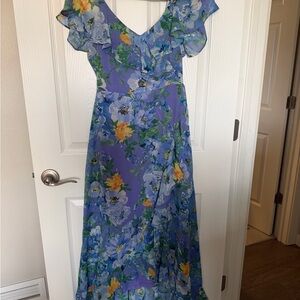 London Times Lavender Floral Ruffle Maxi Dress with Yellow Accents NWT